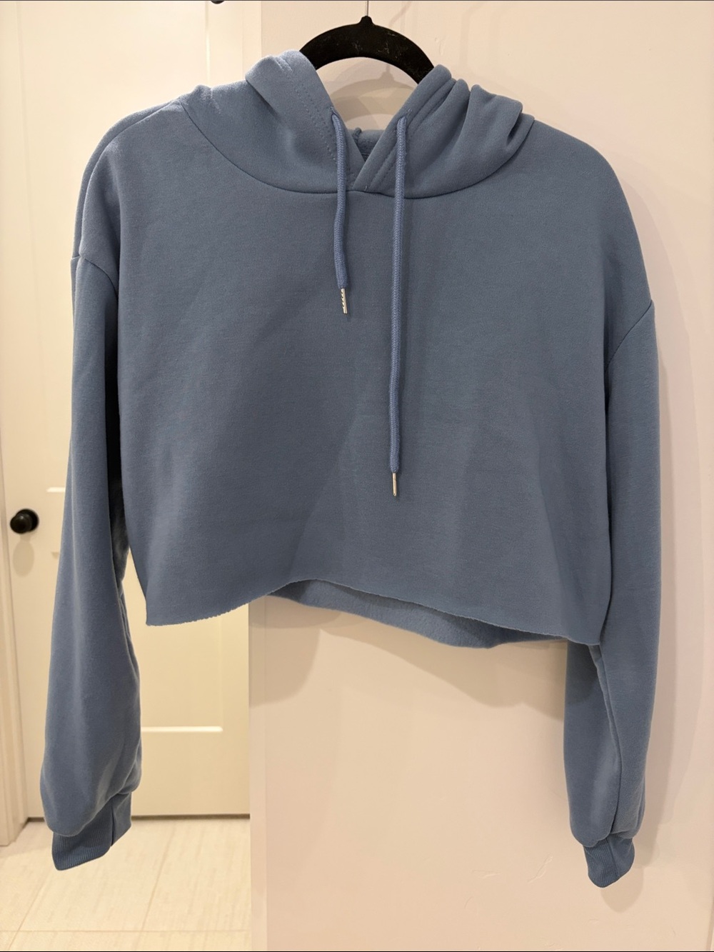 Cropped Light Blue Hoodie with Drawstring - Women